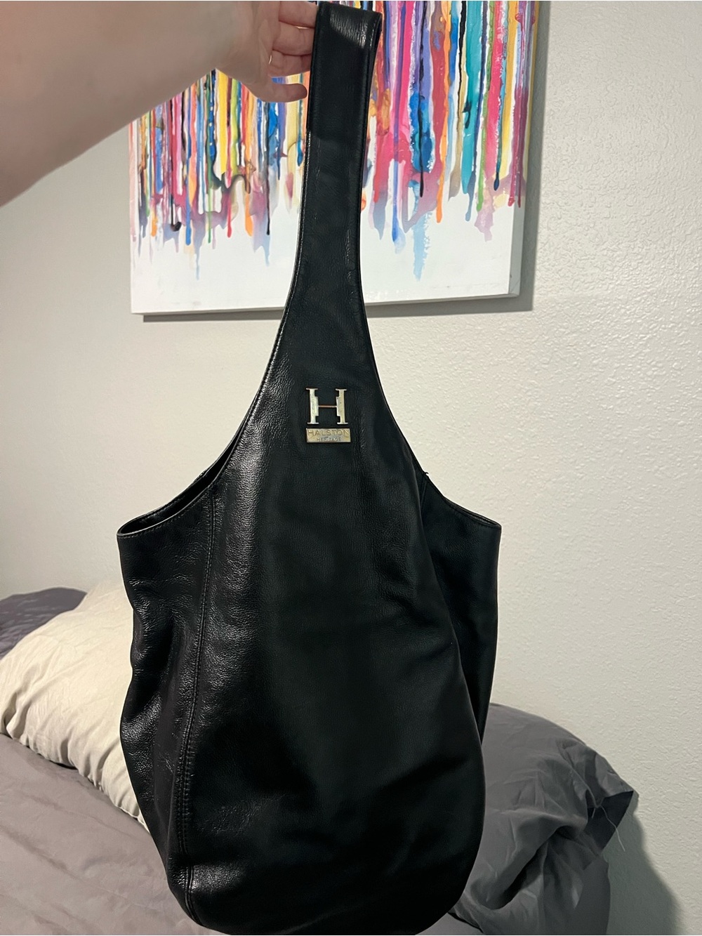 Halston Heritage Black Leather Shoulder Bag with Gold H Accent